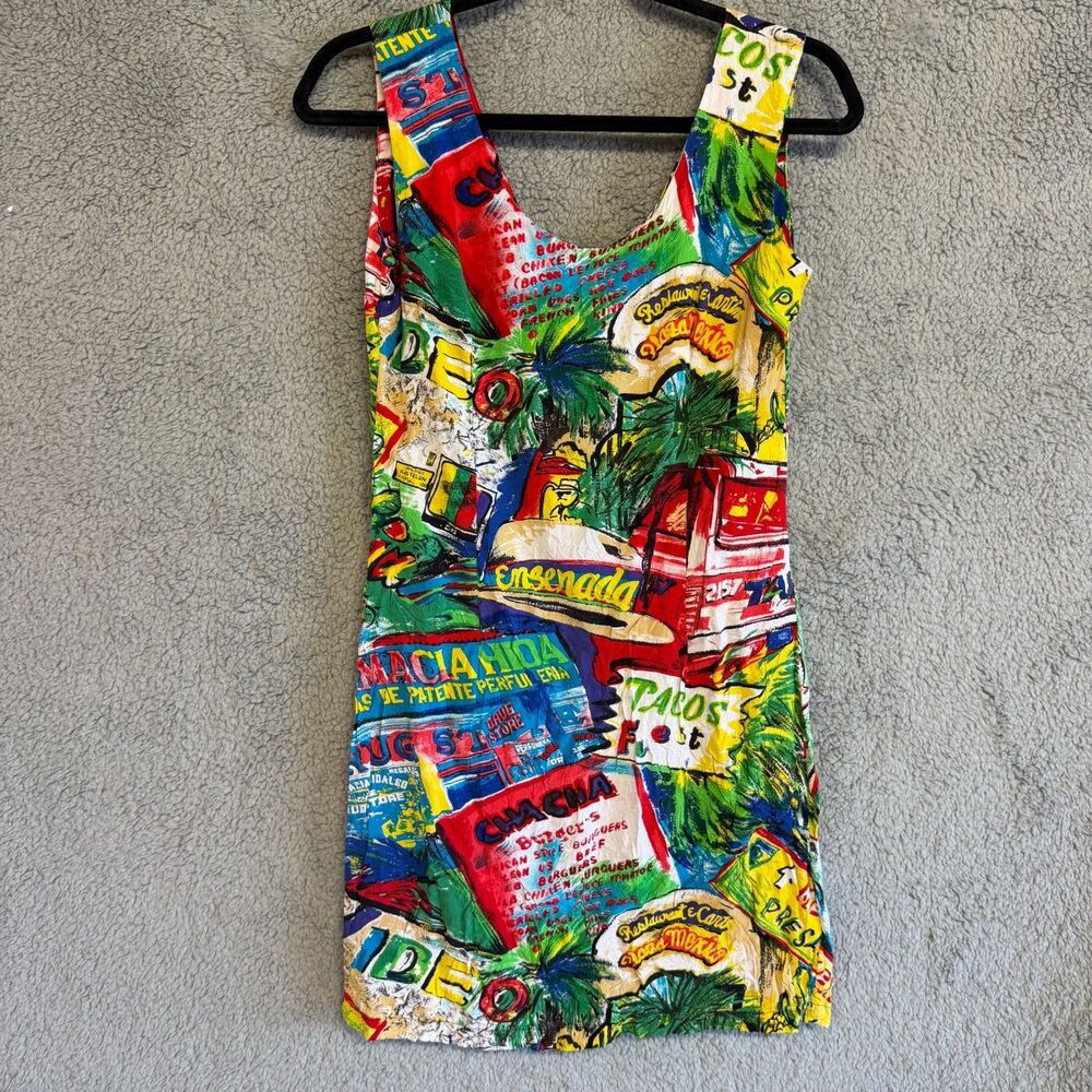 VTG JAMS WORLD Dress Womens 9 Mini Ensenada Taco Mexico Baja Aloha Resort Scoop
